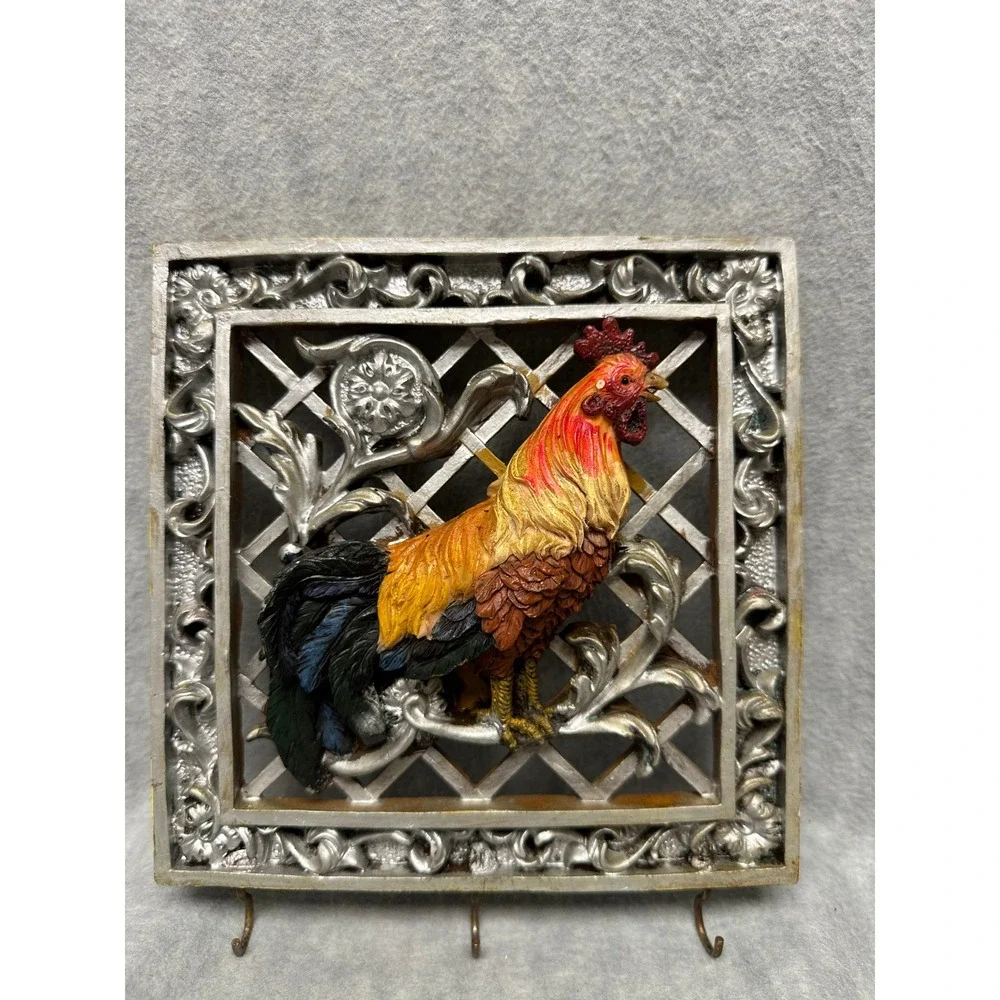 Vintage Rooster 3D Wall Art Key‎ Holder Rack Frame Plaque Rustic Farmhouse Decor